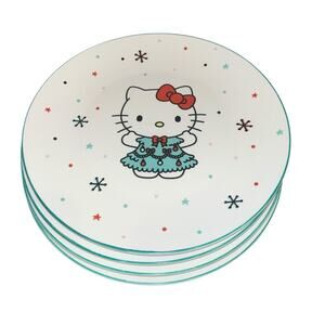 4 Hello Kitty Ceramic Christmas Tree Dress Dinner Plates 10.5” New Snowflakes